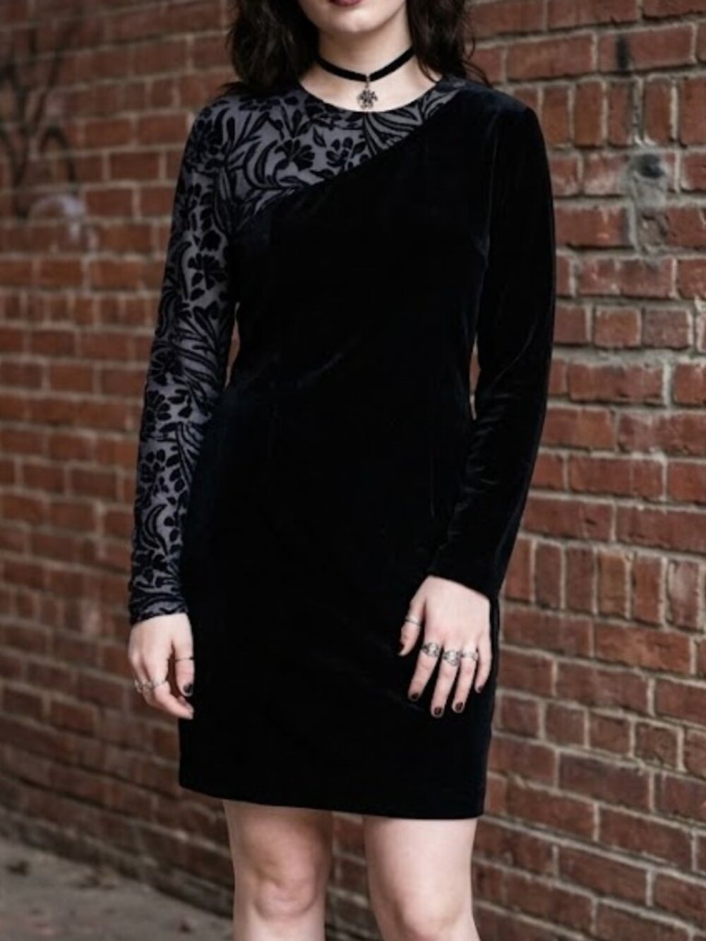 Liz Claiborne 90s Velvet Devoré Burnout Dress Asymmetric One Shoulder Soft Goth